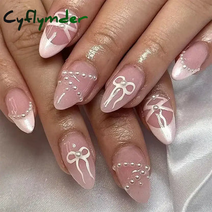 Cyflymder 24Pcs Pink Almond False Nails Butterfly Ballet with French Design Wearable Fake Nails Simple Artificial Press on Nails Tips Art