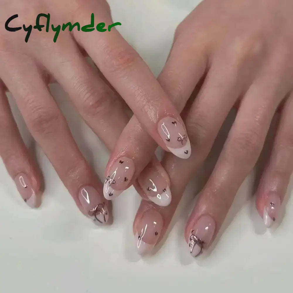 Cyflymder 24Pcs Pink Almond False Nails Butterfly Ballet with French Design Wearable Fake Nails Simple Artificial Press on Nails Tips Art