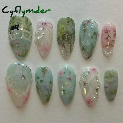 Cyflymder 24Pcs Pink Almond False Nails Butterfly Ballet with French Design Wearable Fake Nails Simple Artificial Press on Nails Tips Art
