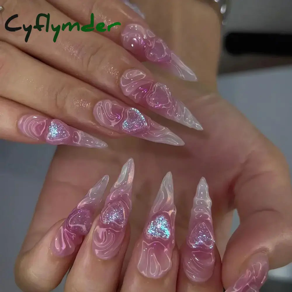 Cyflymder 24Pcs Pink Almond False Nails Butterfly Ballet with French Design Wearable Fake Nails Simple Artificial Press on Nails Tips Art