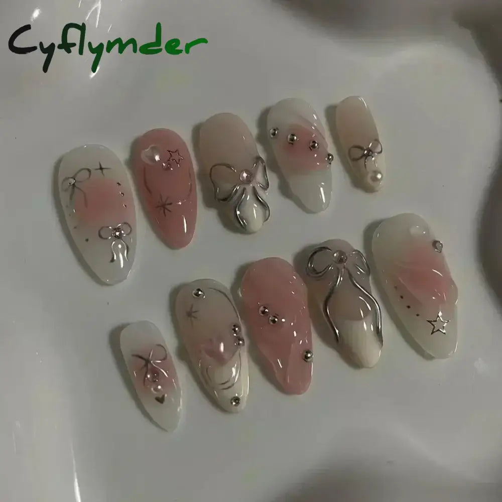 Cyflymder 24Pcs Pink Almond False Nails Butterfly Ballet with French Design Wearable Fake Nails Simple Artificial Press on Nails Tips Art
