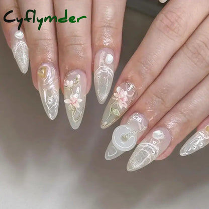 Cyflymder 24Pcs Pink Almond False Nails Butterfly Ballet with French Design Wearable Fake Nails Simple Artificial Press on Nails Tips Art