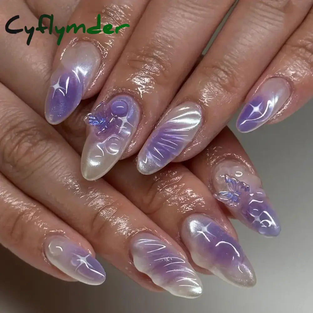 Cyflymder 24Pcs Pink Almond False Nails Butterfly Ballet with French Design Wearable Fake Nails Simple Artificial Press on Nails Tips Art
