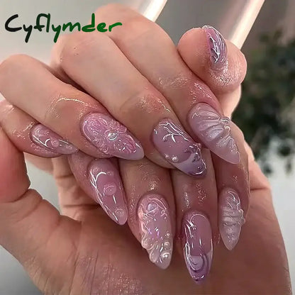 Cyflymder 24Pcs Pink Almond False Nails Butterfly Ballet with French Design Wearable Fake Nails Simple Artificial Press on Nails Tips Art