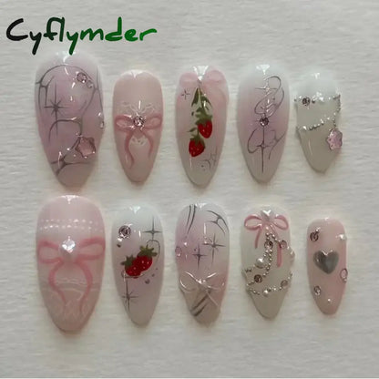 Cyflymder 24Pcs Pink Almond False Nails Butterfly Ballet with French Design Wearable Fake Nails Simple Artificial Press on Nails Tips Art