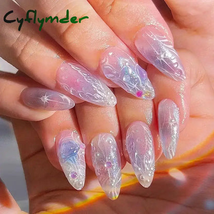 Cyflymder 24Pcs Pink Almond False Nails Butterfly Ballet with French Design Wearable Fake Nails Simple Artificial Press on Nails Tips Art