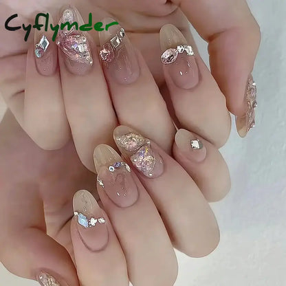 Cyflymder 24Pcs Pink Almond False Nails Butterfly Ballet with French Design Wearable Fake Nails Simple Artificial Press on Nails Tips Art
