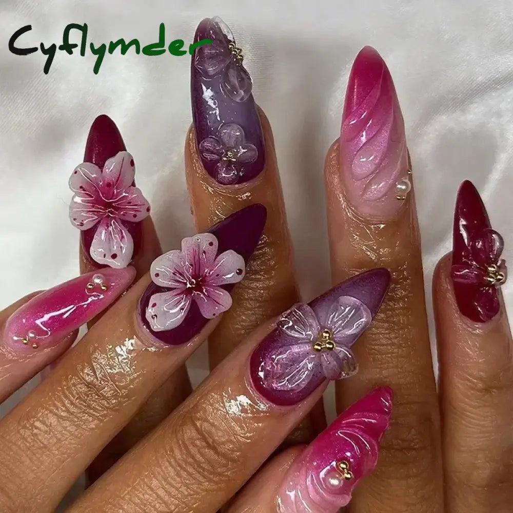 Cyflymder 24Pcs Pink Almond False Nails Butterfly Ballet with French Design Wearable Fake Nails Simple Artificial Press on Nails Tips Art