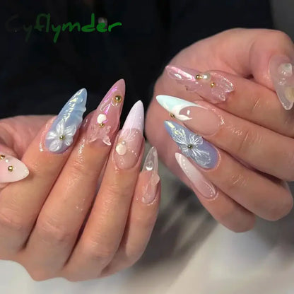 Cyflymder 24Pcs Pink Almond False Nails Butterfly Ballet with French Design Wearable Fake Nails Simple Artificial Press on Nails Tips Art
