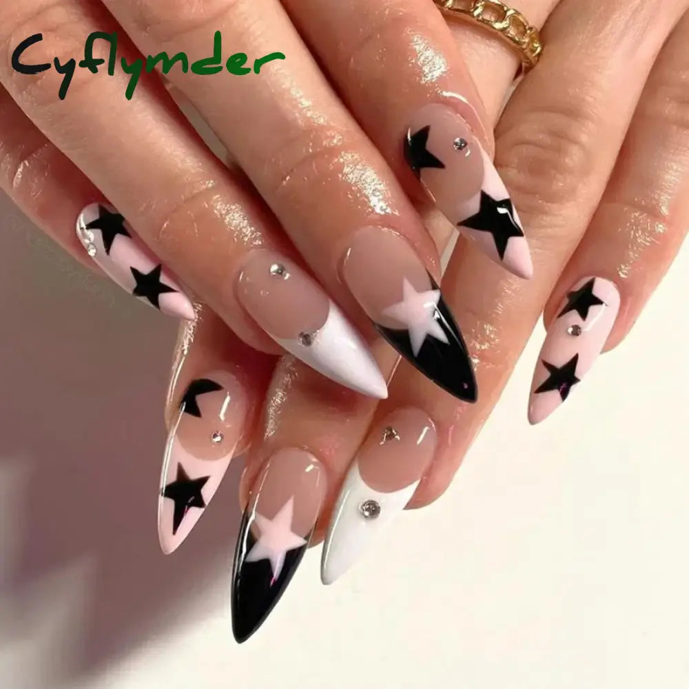 Cyflymder 24Pcs Pink Almond False Nails Butterfly Ballet with French Design Wearable Fake Nails Simple Artificial Press on Nails Tips Art