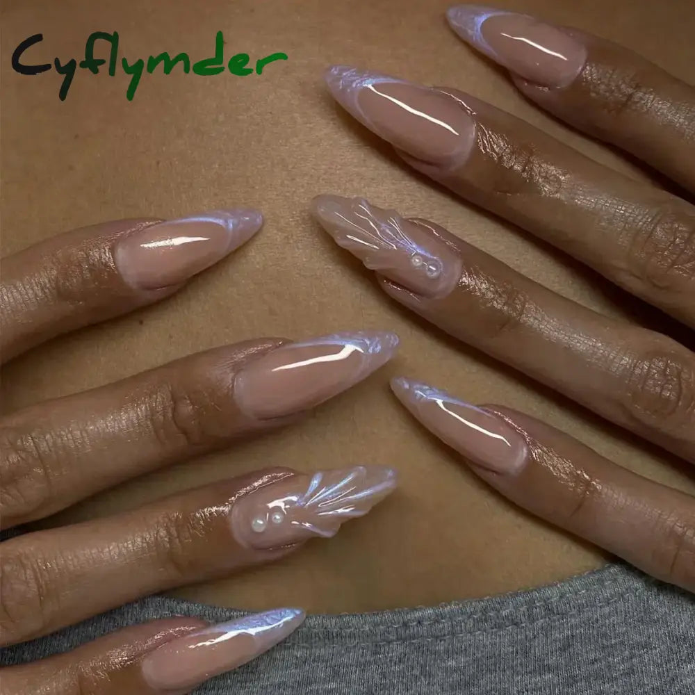 Cyflymder 24Pcs Pink Almond False Nails Butterfly Ballet with French Design Wearable Fake Nails Simple Artificial Press on Nails Tips Art