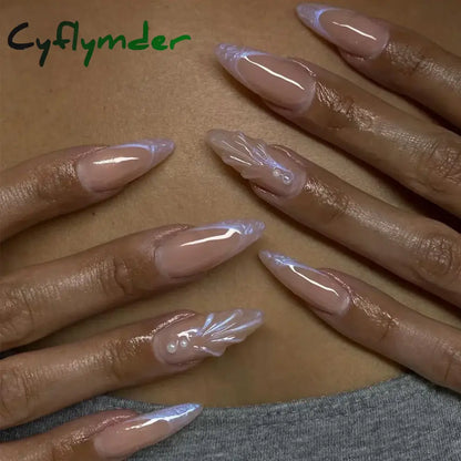 Cyflymder 24Pcs Pink Almond False Nails Butterfly Ballet with French Design Wearable Fake Nails Simple Artificial Press on Nails Tips Art