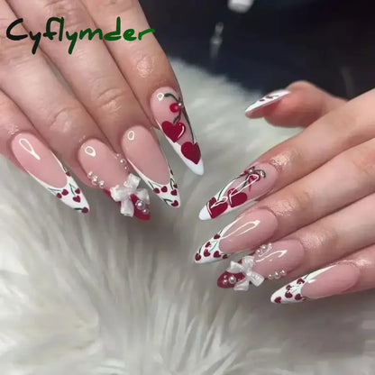 Cyflymder 24Pcs Pink Almond False Nails Butterfly Ballet with French Design Wearable Fake Nails Simple Artificial Press on Nails Tips Art
