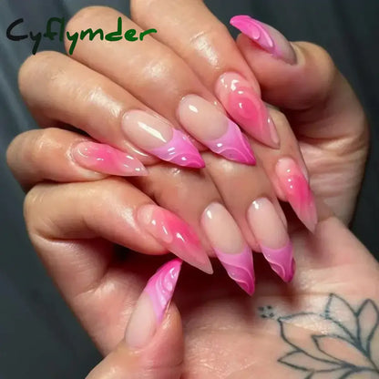 Cyflymder 24Pcs Pink Almond False Nails Butterfly Ballet with French Design Wearable Fake Nails Simple Artificial Press on Nails Tips Art