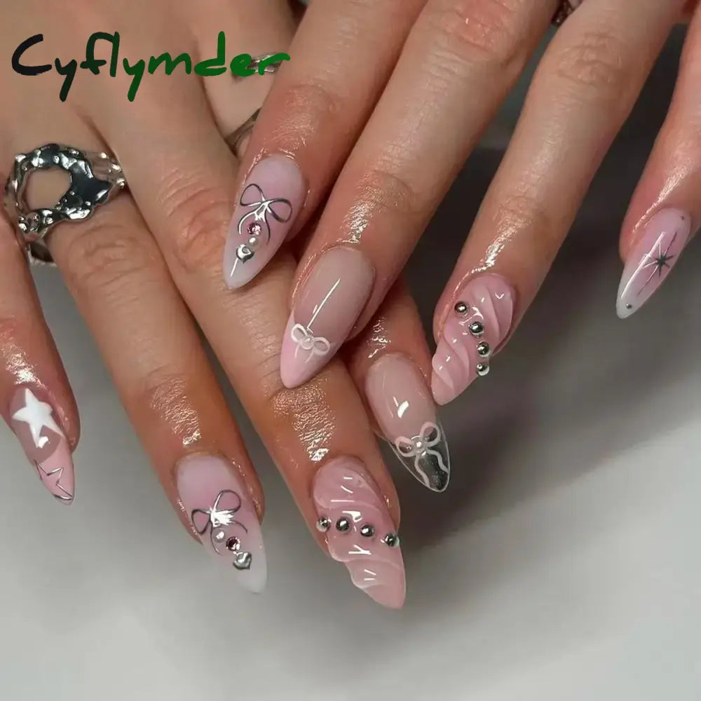 Cyflymder 24Pcs Pink Almond False Nails Butterfly Ballet with French Design Wearable Fake Nails Simple Artificial Press on Nails Tips Art