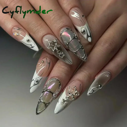 Cyflymder 24Pcs Pink Almond False Nails Butterfly Ballet with French Design Wearable Fake Nails Simple Artificial Press on Nails Tips Art