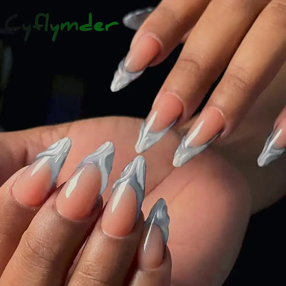 Cyflymder 24Pcs Pink Almond False Nails Butterfly Ballet with French Design Wearable Fake Nails Simple Artificial Press on Nails Tips Art