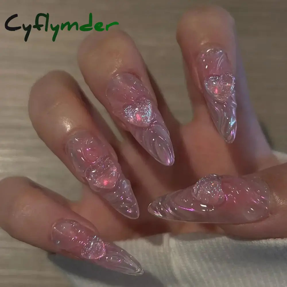 Cyflymder 24Pcs Pink Almond False Nails Butterfly Ballet with French Design Wearable Fake Nails Simple Artificial Press on Nails Tips Art