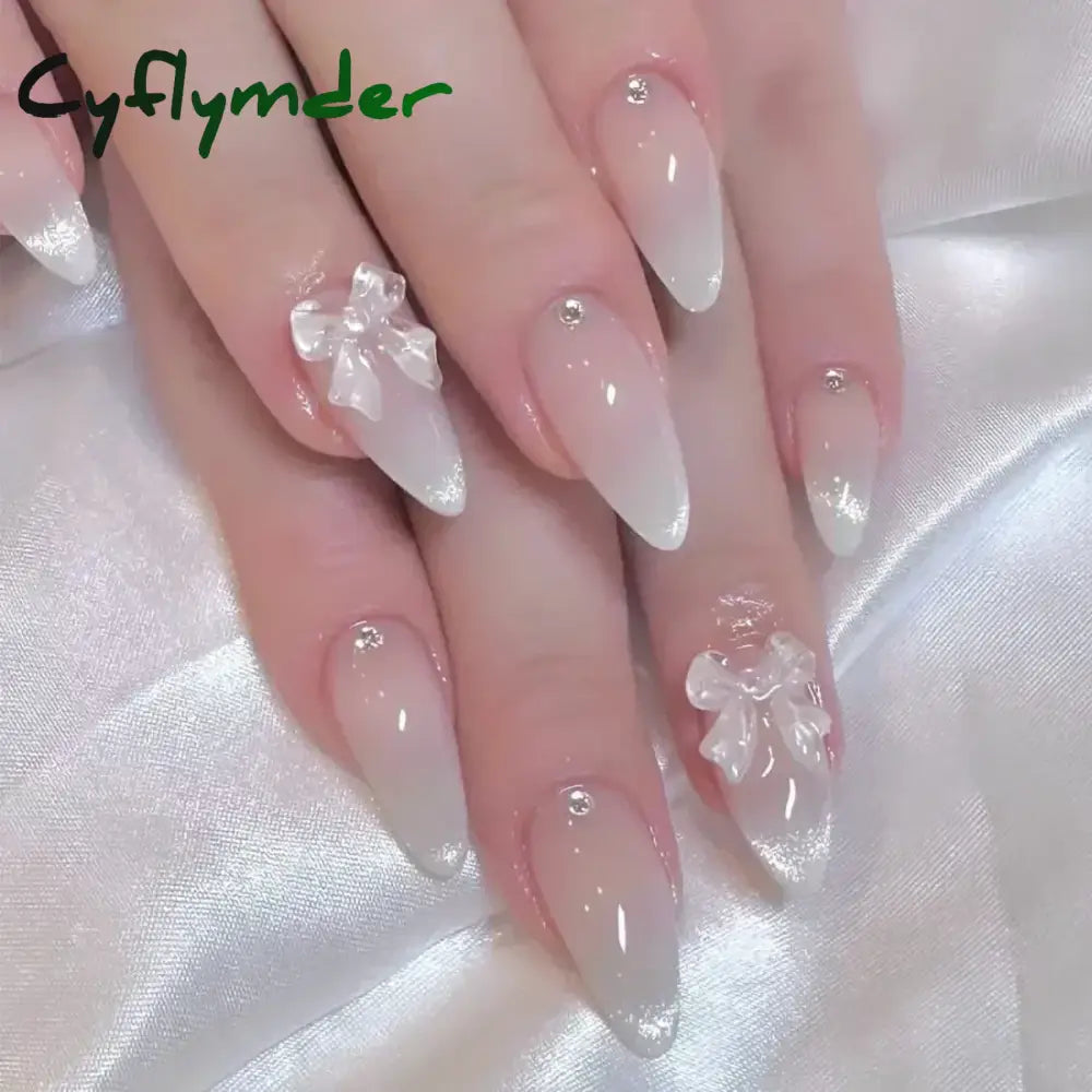 Cyflymder 24Pcs Pink Almond False Nails Butterfly Ballet with French Design Wearable Fake Nails Simple Artificial Press on Nails Tips Art