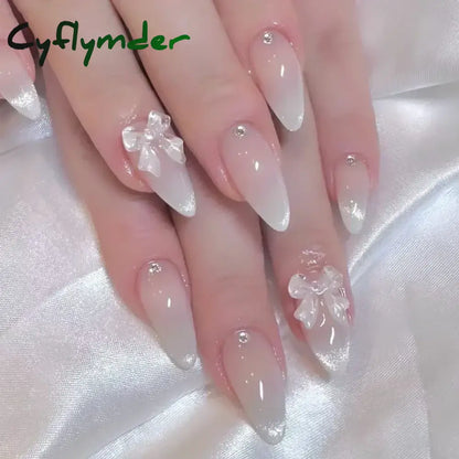 Cyflymder 24Pcs Pink Almond False Nails Butterfly Ballet with French Design Wearable Fake Nails Simple Artificial Press on Nails Tips Art