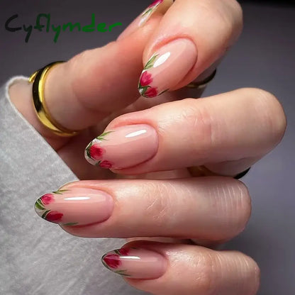 Cyflymder 24Pcs Pink Almond False Nails Butterfly Ballet with French Design Wearable Fake Nails Simple Artificial Press on Nails Tips Art