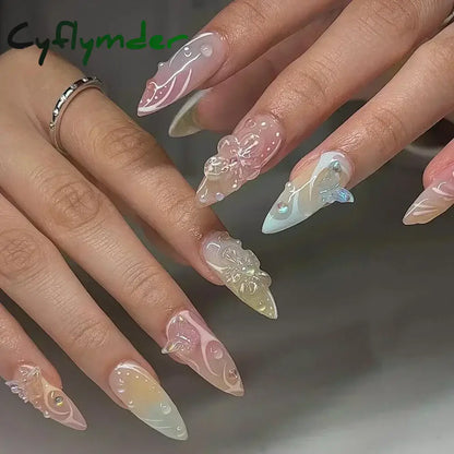 Cyflymder 24Pcs Pink Almond False Nails Butterfly Ballet with French Design Wearable Fake Nails Simple Artificial Press on Nails Tips Art