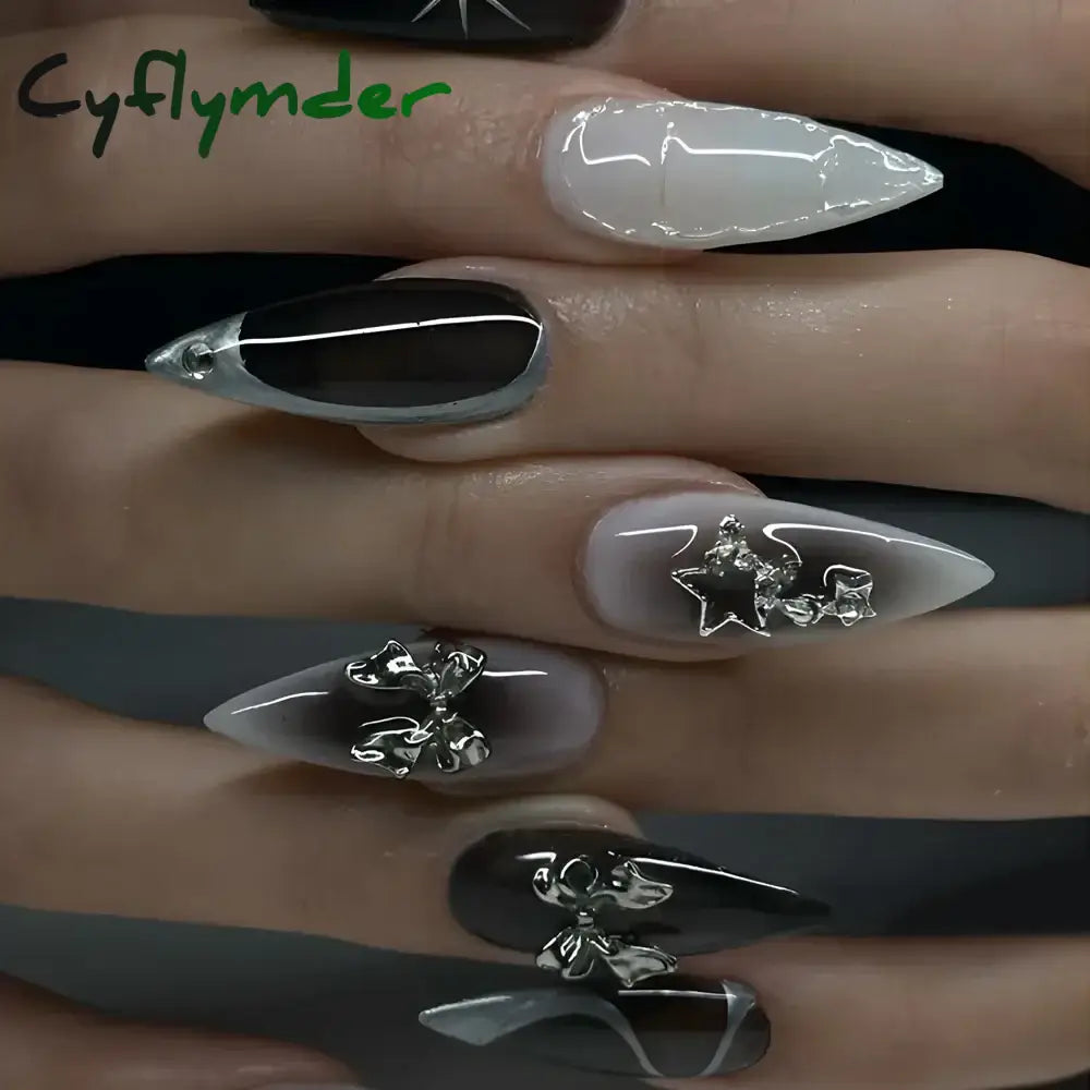 Cyflymder 24Pcs Pink Almond False Nails Butterfly Ballet with French Design Wearable Fake Nails Simple Artificial Press on Nails Tips Art