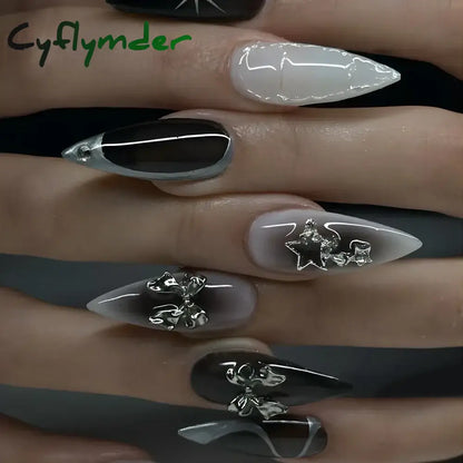 Cyflymder 24Pcs Pink Almond False Nails Butterfly Ballet with French Design Wearable Fake Nails Simple Artificial Press on Nails Tips Art