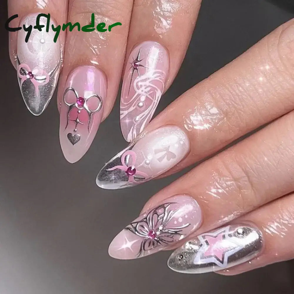 Cyflymder 24Pcs Pink Almond False Nails Butterfly Ballet with French Design Wearable Fake Nails Simple Artificial Press on Nails Tips Art