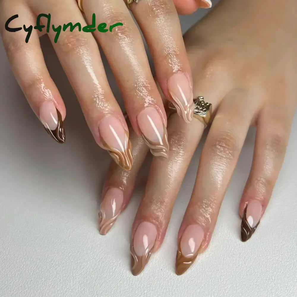 Cyflymder 24Pcs Pink Almond False Nails Butterfly Ballet with French Design Wearable Fake Nails Simple Artificial Press on Nails Tips Art