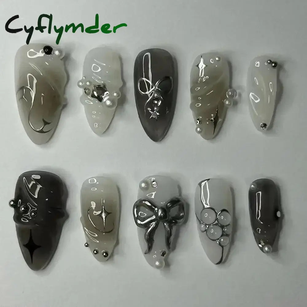 Cyflymder 24Pcs Pink Almond False Nails Butterfly Ballet with French Design Wearable Fake Nails Simple Artificial Press on Nails Tips Art