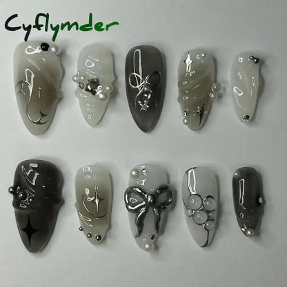 Cyflymder 24Pcs Pink Almond False Nails Butterfly Ballet with French Design Wearable Fake Nails Simple Artificial Press on Nails Tips Art