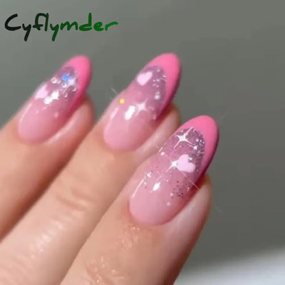 Cyflymder 24Pcs Pink Almond False Nails Butterfly Ballet with French Design Wearable Fake Nails Simple Artificial Press on Nails Tips Art