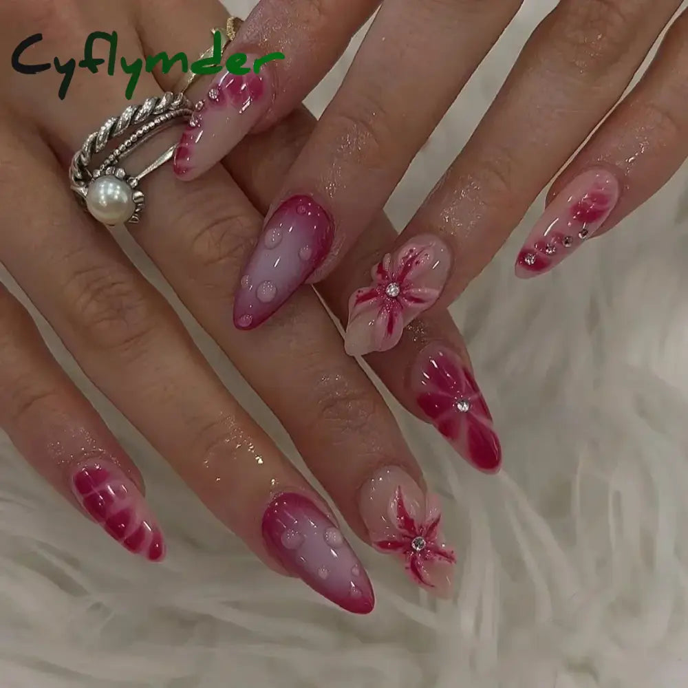 Cyflymder 24Pcs Pink Almond False Nails Butterfly Ballet with French Design Wearable Fake Nails Simple Artificial Press on Nails Tips Art