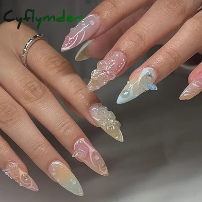 Cyflymder 24Pcs Pink Almond False Nails Butterfly Ballet with French Design Wearable Fake Nails Simple Artificial Press on Nails Tips Art