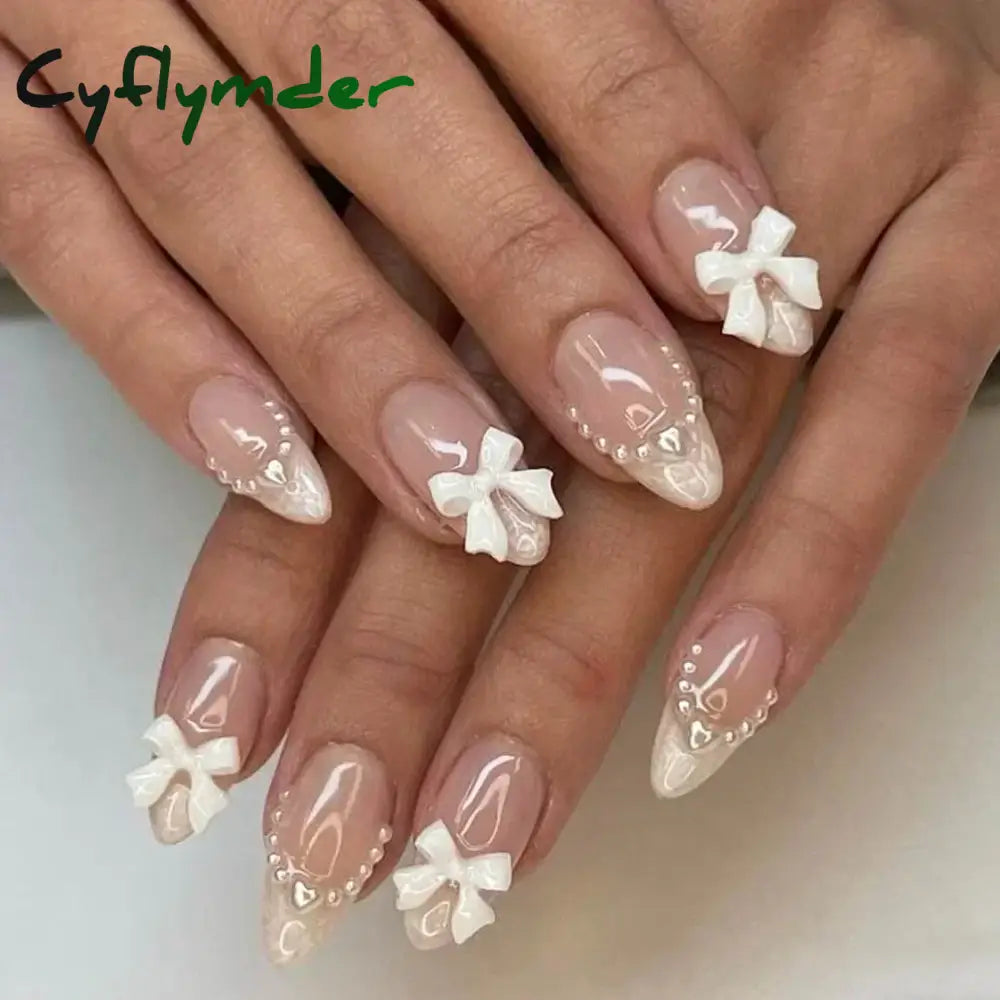 Cyflymder 24Pcs Pink Almond False Nails Butterfly Ballet with French Design Wearable Fake Nails Simple Artificial Press on Nails Tips Art