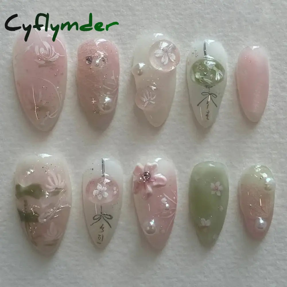 Cyflymder 24Pcs Pink Almond False Nails Butterfly Ballet with French Design Wearable Fake Nails Simple Artificial Press on Nails Tips Art