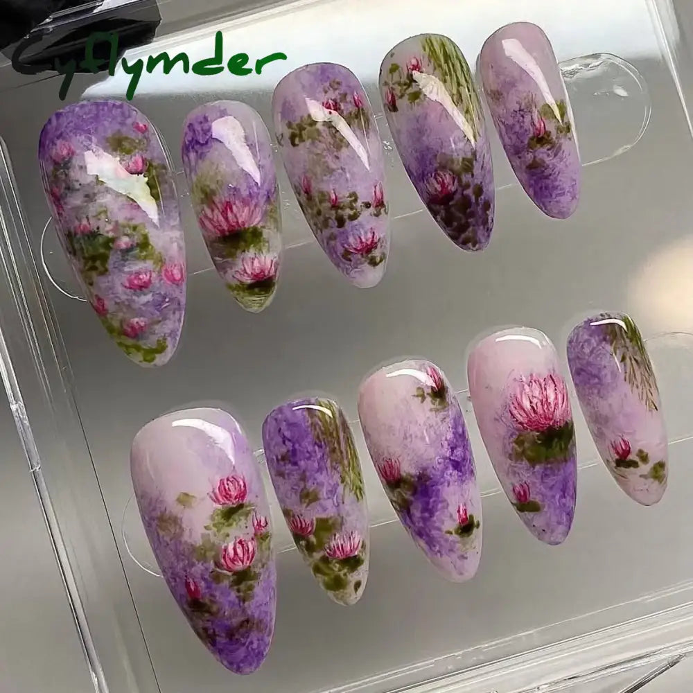 Cyflymder 24Pcs Pink Almond False Nails Butterfly Ballet with French Design Wearable Fake Nails Simple Artificial Press on Nails Tips Art