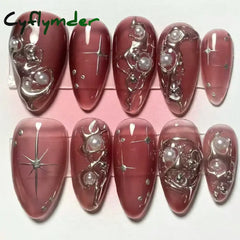 Cyflymder 24Pcs Pink Almond False Nails Butterfly Ballet with French Design Wearable Fake Nails Simple Artificial Press on Nails Tips Art