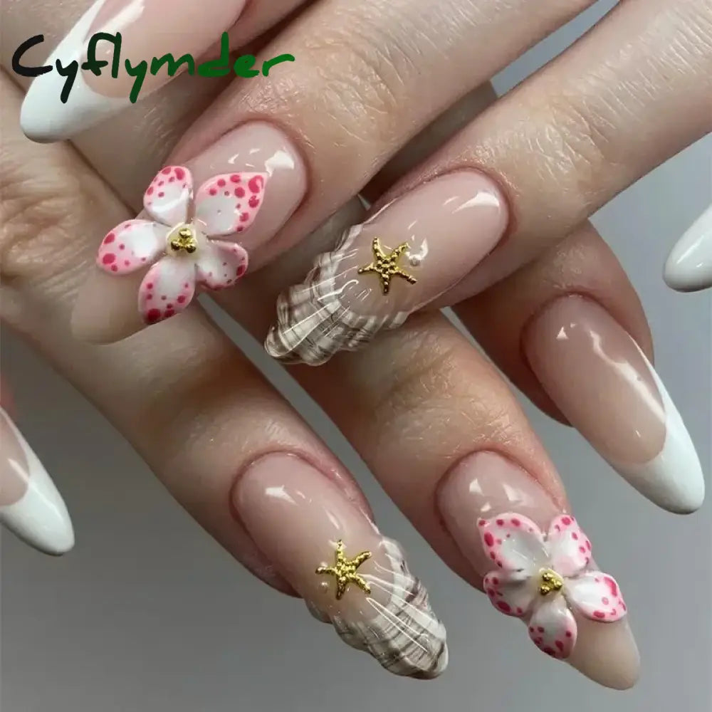 Cyflymder 24Pcs Pink Almond False Nails Butterfly Ballet with French Design Wearable Fake Nails Simple Artificial Press on Nails Tips Art