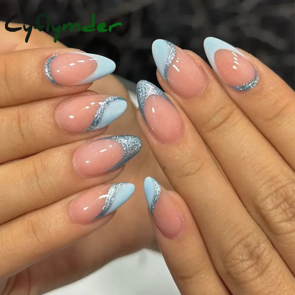 Cyflymder 24Pcs Pink Almond False Nails Butterfly Ballet with French Design Wearable Fake Nails Simple Artificial Press on Nails Tips Art