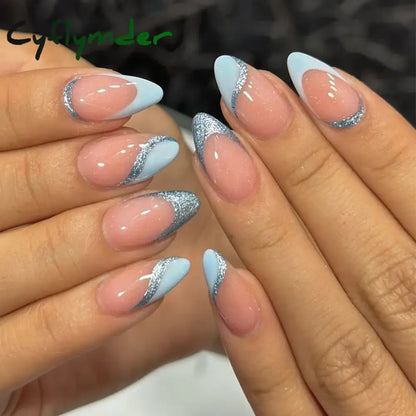 Cyflymder 24Pcs Pink Almond False Nails Butterfly Ballet with French Design Wearable Fake Nails Simple Artificial Press on Nails Tips Art