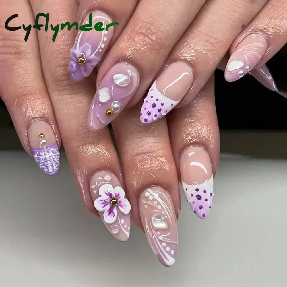 Cyflymder 24Pcs Pink Almond False Nails Butterfly Ballet with French Design Wearable Fake Nails Simple Artificial Press on Nails Tips Art