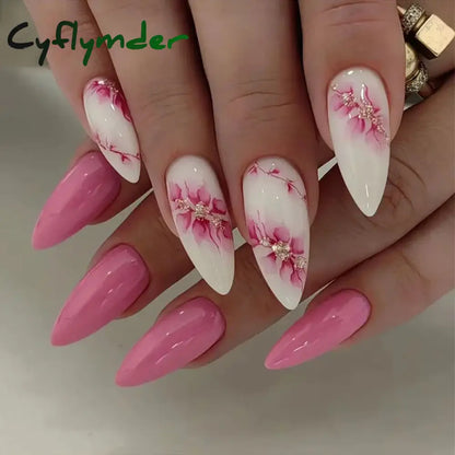 Cyflymder 24Pcs Pink Almond False Nails Butterfly Ballet with French Design Wearable Fake Nails Simple Artificial Press on Nails Tips Art