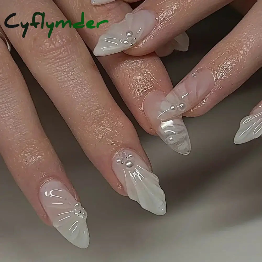 Cyflymder 24Pcs Pink Almond False Nails Butterfly Ballet with French Design Wearable Fake Nails Simple Artificial Press on Nails Tips Art