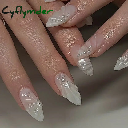 Cyflymder 24Pcs Pink Almond False Nails Butterfly Ballet with French Design Wearable Fake Nails Simple Artificial Press on Nails Tips Art