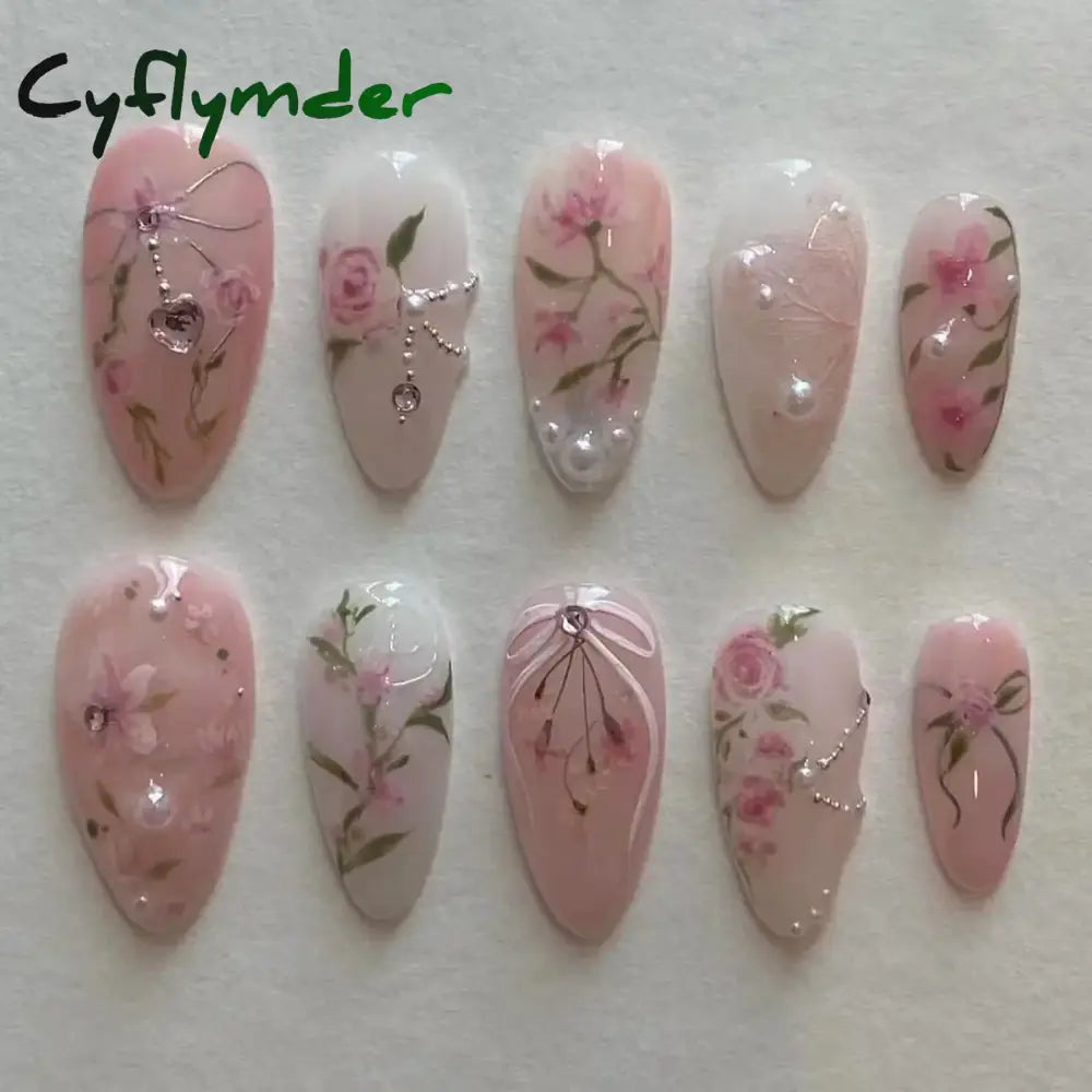 Cyflymder 24Pcs Pink Almond False Nails Butterfly Ballet with French Design Wearable Fake Nails Simple Artificial Press on Nails Tips Art