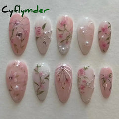 Cyflymder 24Pcs Pink Almond False Nails Butterfly Ballet with French Design Wearable Fake Nails Simple Artificial Press on Nails Tips Art