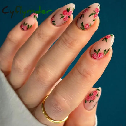 Cyflymder 24Pcs Pink Almond False Nails Butterfly Ballet with French Design Wearable Fake Nails Simple Artificial Press on Nails Tips Art