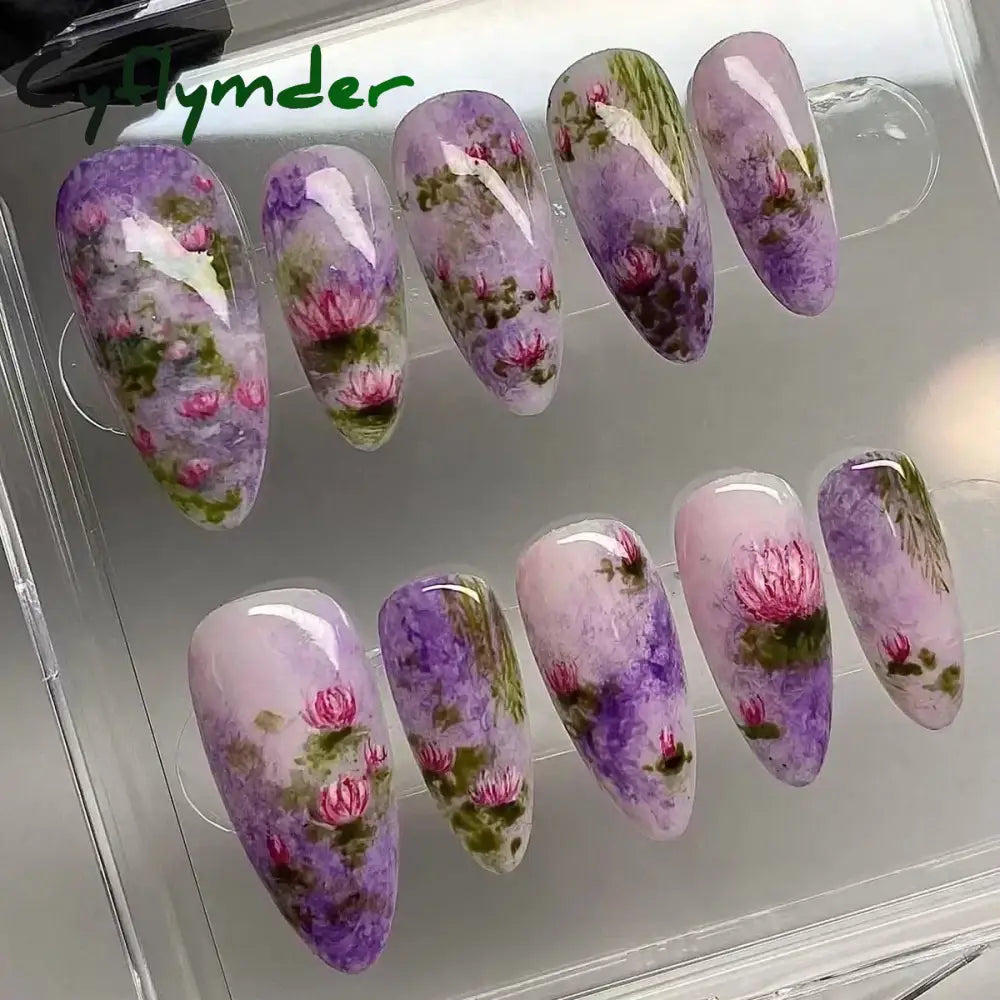 Cyflymder 24Pcs Pink Almond False Nails Butterfly Ballet with French Design Wearable Fake Nails Simple Artificial Press on Nails Tips Art